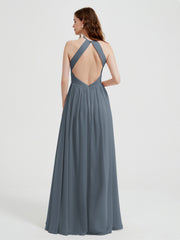 Halter Chiffon Dresses with Pleated Bodice Slate Blue Plus Size