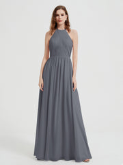 Halter Chiffon Dresses with Pleated Bodice Steel Grey Plus Size