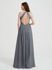 Halter Chiffon Dresses with Pleated Bodice Steel Grey Plus Size