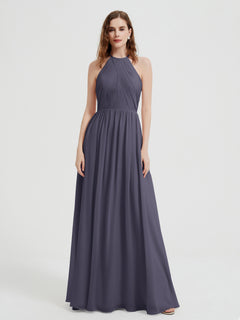 Halter Chiffon Dresses with Pleated Bodice Stormy