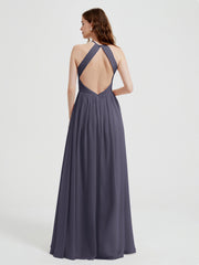 Halter Chiffon Dresses with Pleated Bodice Stormy