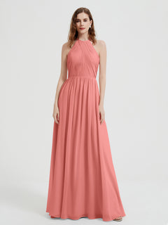 Halter Chiffon Dresses with Pleated Bodice Sunset