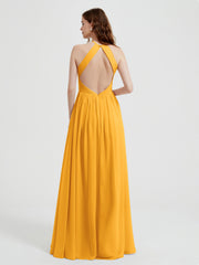Halter Chiffon Dresses with Pleated Bodice Tangerine Plus Size