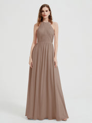 Halter Chiffon Dresses with Pleated Bodice Taupe