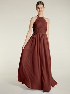 Halter Chiffon Dresses with Pleated Bodice Terracotta