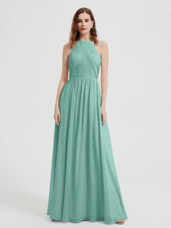 Halter Chiffon Dresses with Pleated Bodice Turquoise