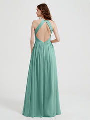 Halter Chiffon Dresses with Pleated Bodice Turquoise
