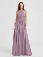 Halter Chiffon Dresses with Pleated Bodice Vintage Mauve