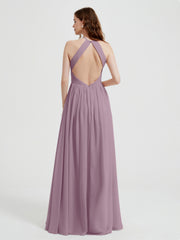 Halter Chiffon Dresses with Pleated Bodice Vintage Mauve