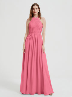 Halter Chiffon Dresses with Pleated Bodice Watermelon