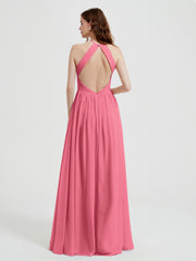 Halter Chiffon Dresses with Pleated Bodice Watermelon