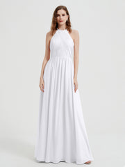 Halter Chiffon Dresses with Pleated Bodice White