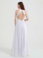 Halter Chiffon Dresses with Pleated Bodice White