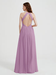 Halter Chiffon Dresses with Pleated Bodice Wisteria