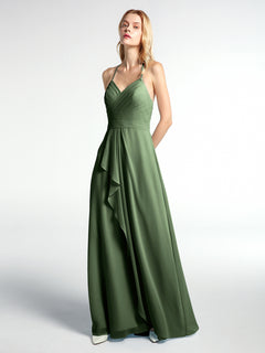Spaghetti Strap Elegant Bridesmaid Dress with V-neck Olive Green