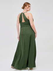 Spaghetti Strap Elegant Bridesmaid Dress with V-neck Olive Green