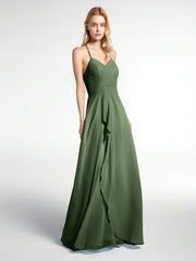 Spaghetti Strap Elegant Bridesmaid Dress with V-neck Olive Green
