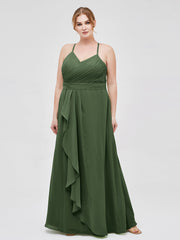 Spaghetti Strap Elegant Bridesmaid Dress with V-neck Olive Green
