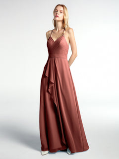 Spaghetti Strap Elegant Bridesmaid Dress with V-neck Terracotta