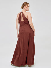 Spaghetti Strap Elegant Bridesmaid Dress with V-neck Terracotta