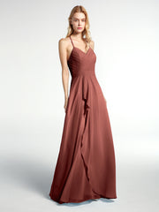 Spaghetti Strap Elegant Bridesmaid Dress with V-neck Terracotta