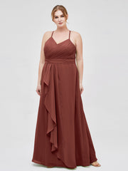 Spaghetti Strap Elegant Bridesmaid Dress with V-neck Terracotta