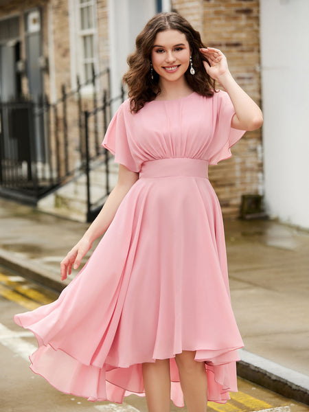 homecoming dress modest BABARONI Chiffon Dusty Rose Dresses A-line Jewel Flutter Sleeve Pleated Tea-length, Dusty Rose / US0 MotionRib Festive nights call for By the way Size(<a href=