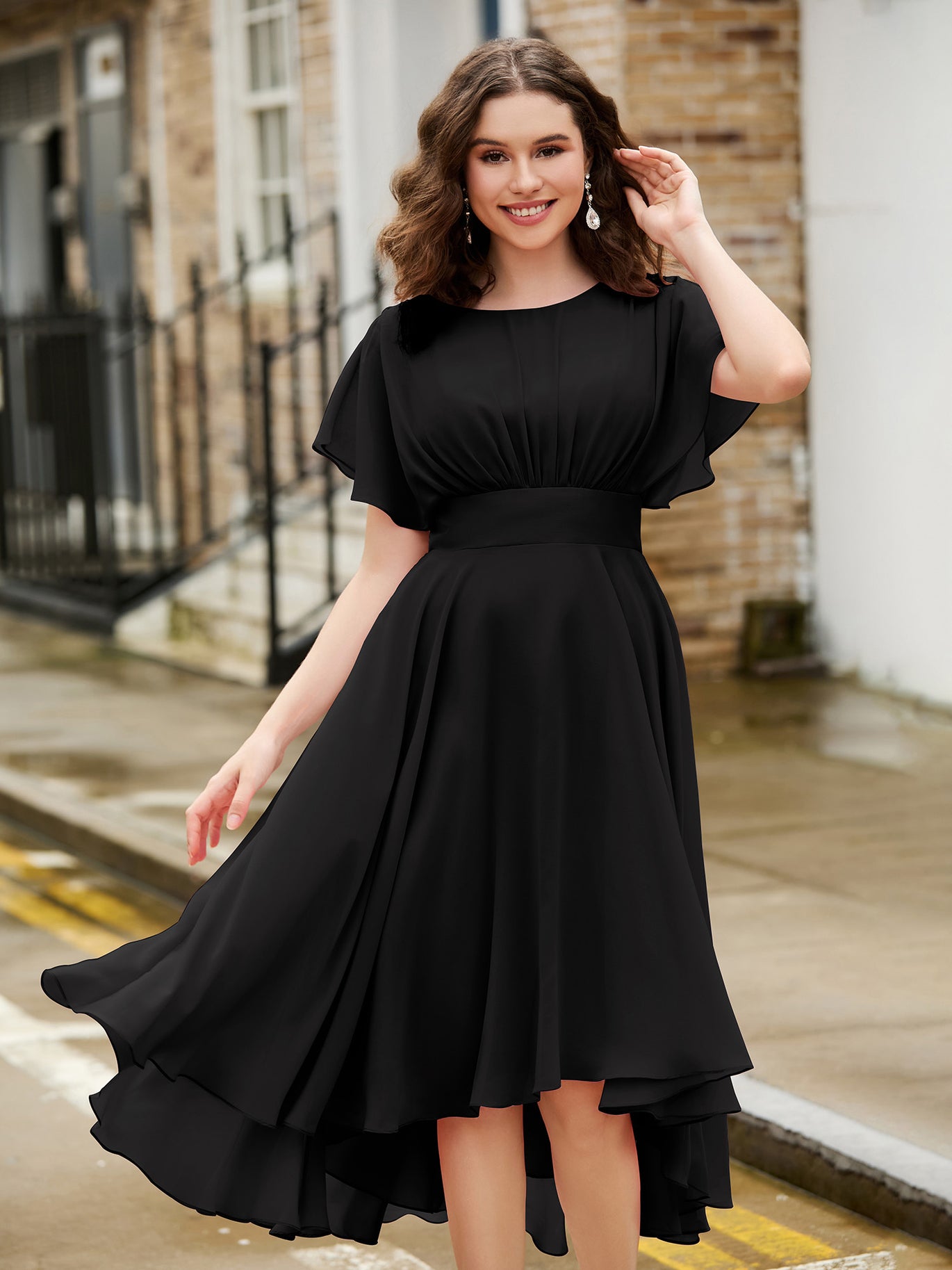 BABARONI Chiffon Black Homecoming Dresses A-line Jewel Flutter Sleeve  Pleated Tea-length