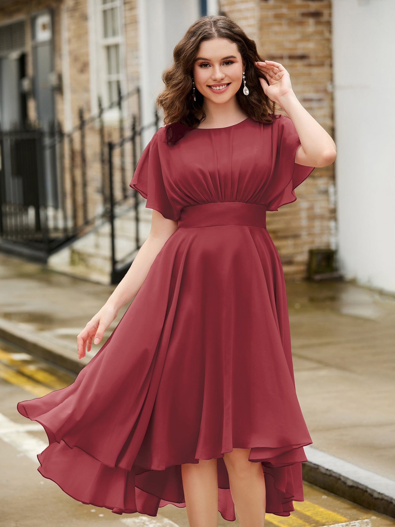 BABARONI Flutter Sleeves Jewel Neckline Chiffon Dress Cinnamon Rose, Cinnamon Rose / US0 BABARONI Flutter Sleeves Jewel Neckline Chiffon Dress Cinnamon Rose, Cinnamon Rose / US0