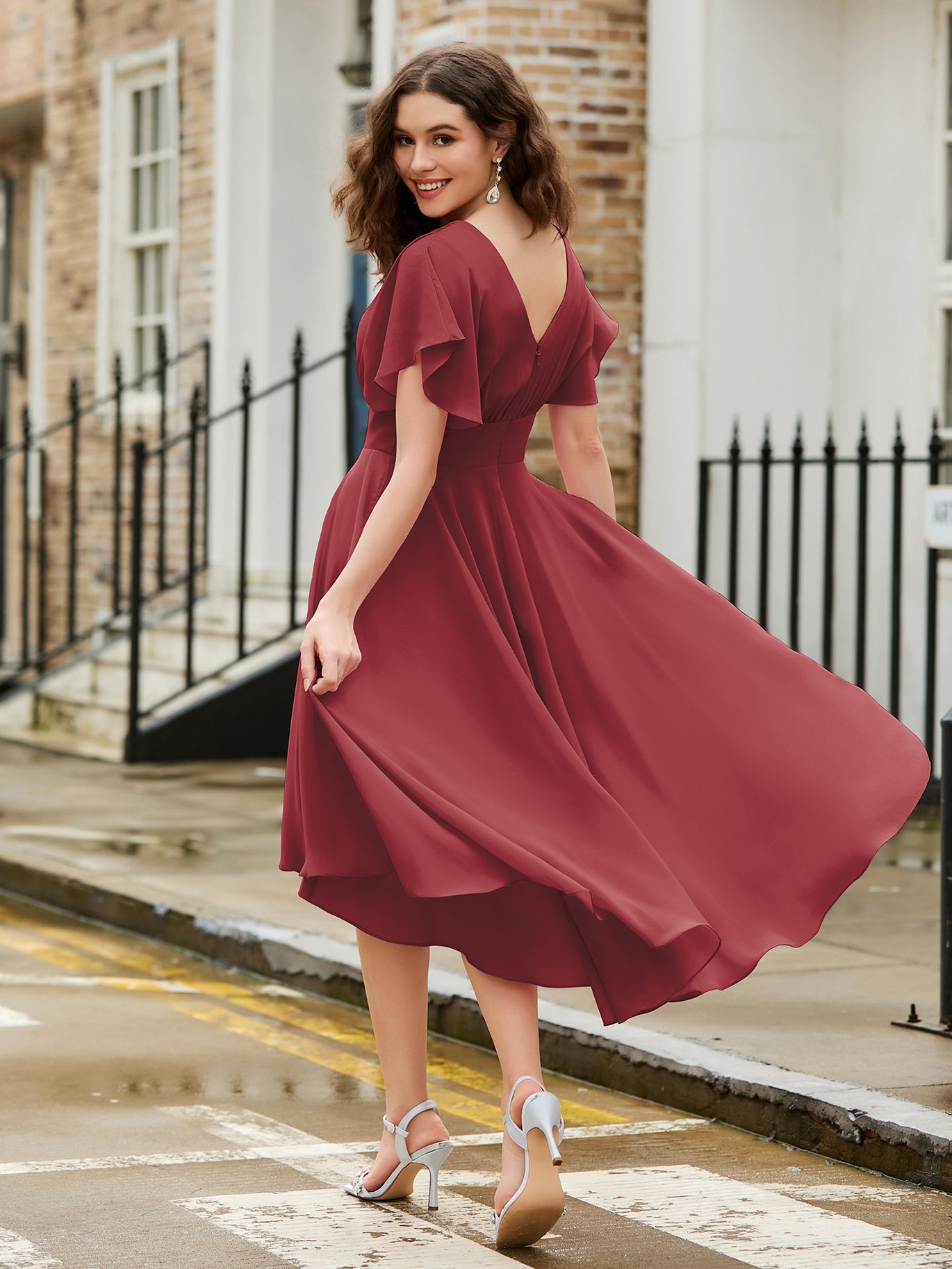BABARONI BABARONI Chiffon Cinnamon Rose Homecoming Dresses A-line Jewel Flutter Sleeve Pleated Tea-length, Cinnamon Rose / US0 BABARONI BABARONI Chiffon Cinnamon Rose Homecoming Dresses A-line Jewel Flutter Sleeve Pleated Tea-length, Cinnamon Rose / US0