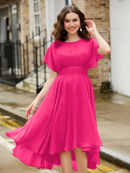 BABARONI Flutter Sleeves Jewel Neckline Chiffon Dress Fuchsia, Fuchsia / US0 BABARONI Flutter Sleeves Jewel Neckline Chiffon Dress Fuchsia, Fuchsia / US0