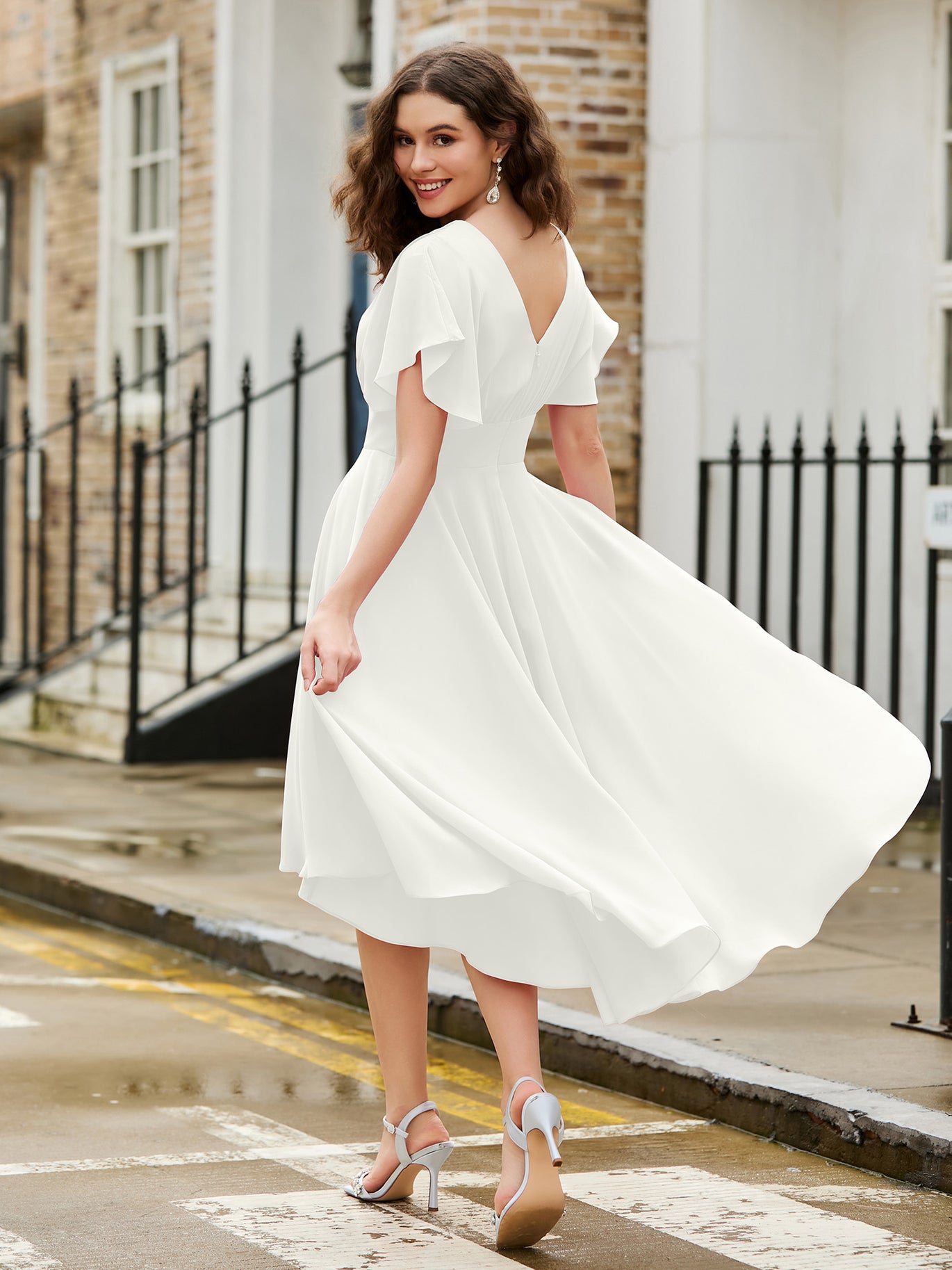BABARONI Flutter Sleeves Jewel Neckline Chiffon Dress Ivory, Ivory / US0