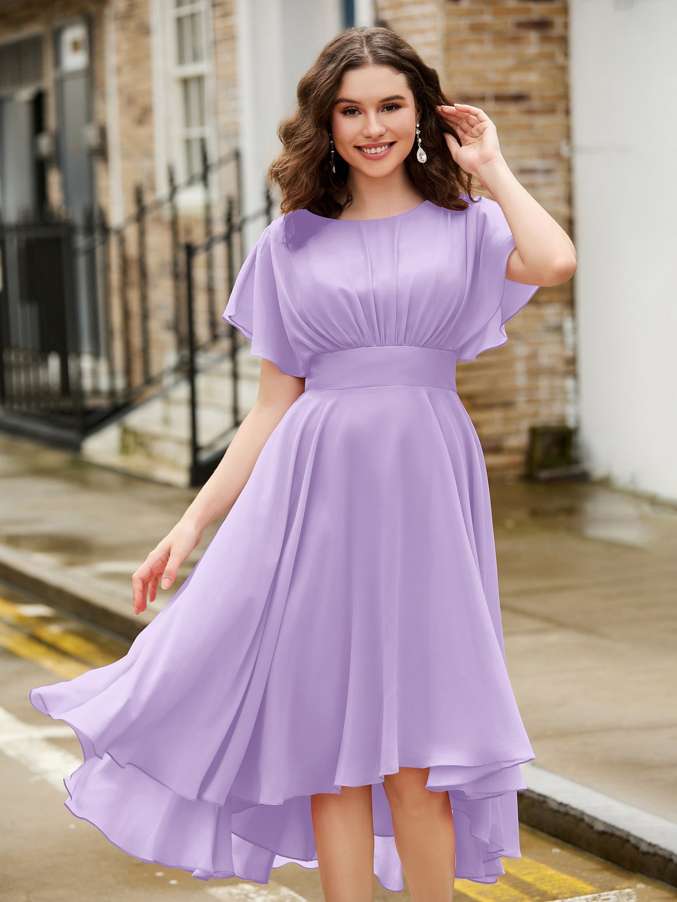 BABARONI Flutter Sleeves Jewel Neckline Chiffon Dress Lilac, Lilac / US0 BABARONI Flutter Sleeves Jewel Neckline Chiffon Dress Lilac, Lilac / US0