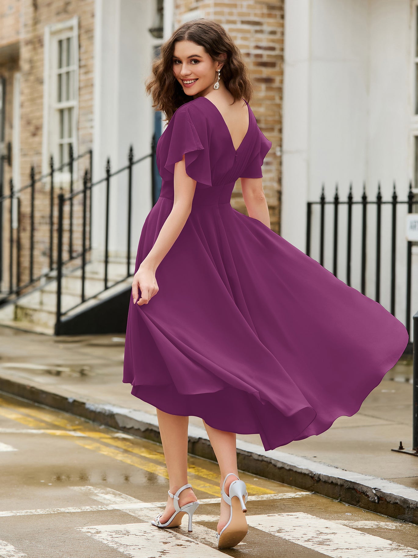 BABARONI Flutter Sleeves Jewel Neckline Chiffon Dress Orchid, Orchid / US0 BABARONI Flutter Sleeves Jewel Neckline Chiffon Dress Orchid, Orchid / US0