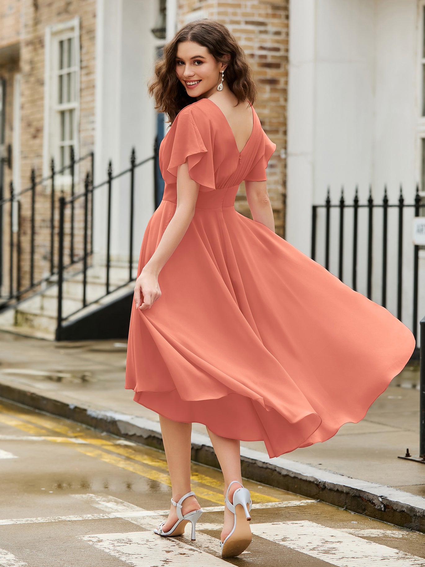 papaya cocktail dresses BABARONI BABARONI Chiffon Papaya Homecoming Dresses A-line Jewel Flutter Sleeve Pleated Tea-length, Papaya / US0