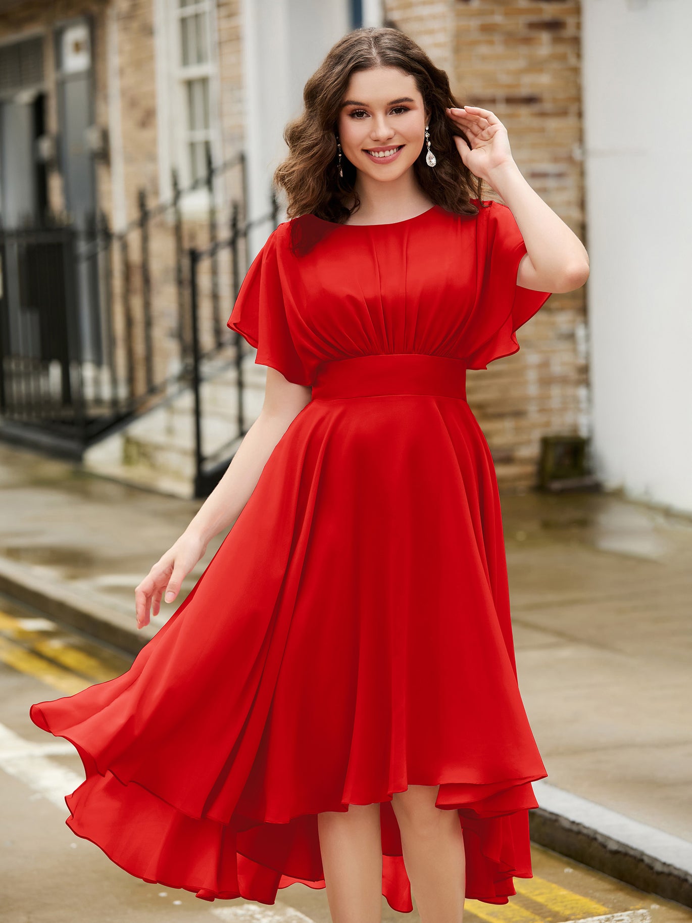 BABARONI Flutter Sleeves Jewel Neckline Chiffon Dress Red, Red / US0 BABARONI Flutter Sleeves Jewel Neckline Chiffon Dress Red, Red / US0