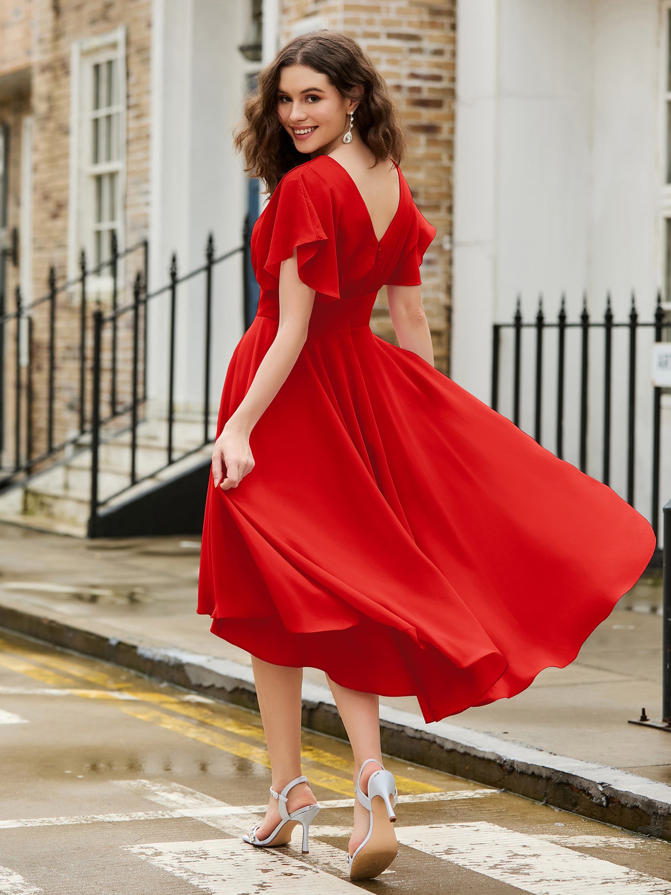 BABARONI Chiffon Red Homecoming Dresses A-line Jewel Flutter Sleeve Pleated  Tea-length
