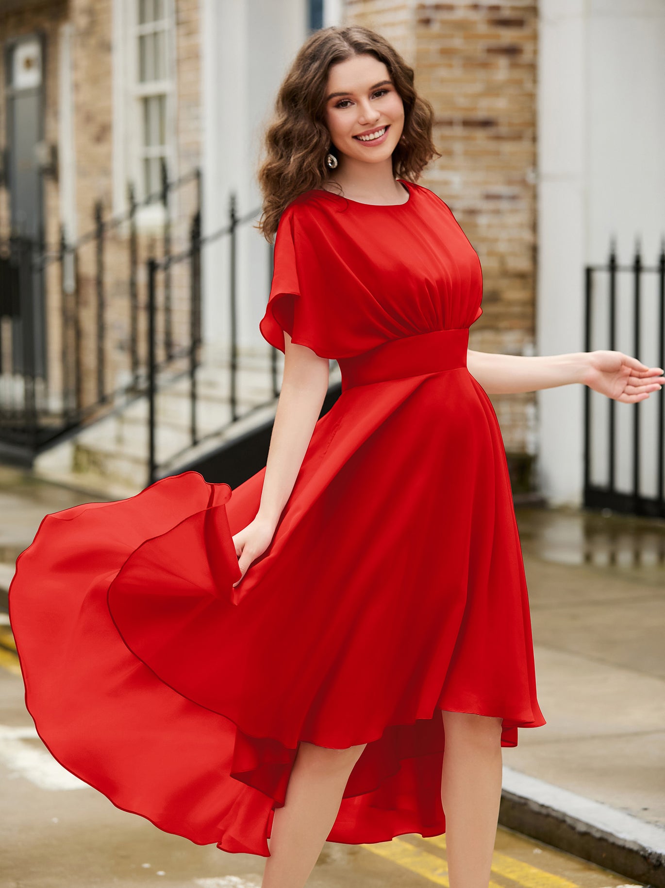 BABARONI Flutter Sleeves Jewel Neckline Chiffon Dress Red, Red / US0 BABARONI Flutter Sleeves Jewel Neckline Chiffon Dress Red, Red / US0