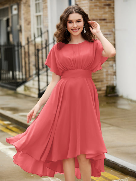 BABARONI Flutter Sleeves Jewel Neckline Chiffon Dress Watermelon, Watermelon / US0