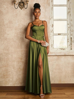 A-line Floor-length Dress with Lace-up Olive Green