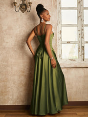 A-line Floor-length Dress with Lace-up Olive Green