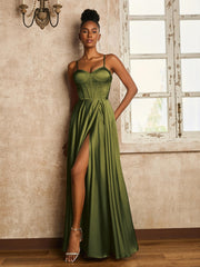 A-line Floor-length Dress with Lace-up Olive Green