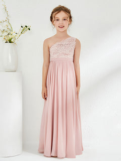 One Shoulder Lace and Chiffon Junior Bridesmaid Dresses Dusty Rose