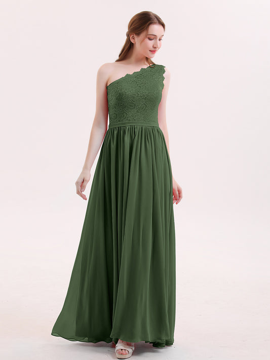 One Shoulder Lace and Chiffon Dresses Olive Green