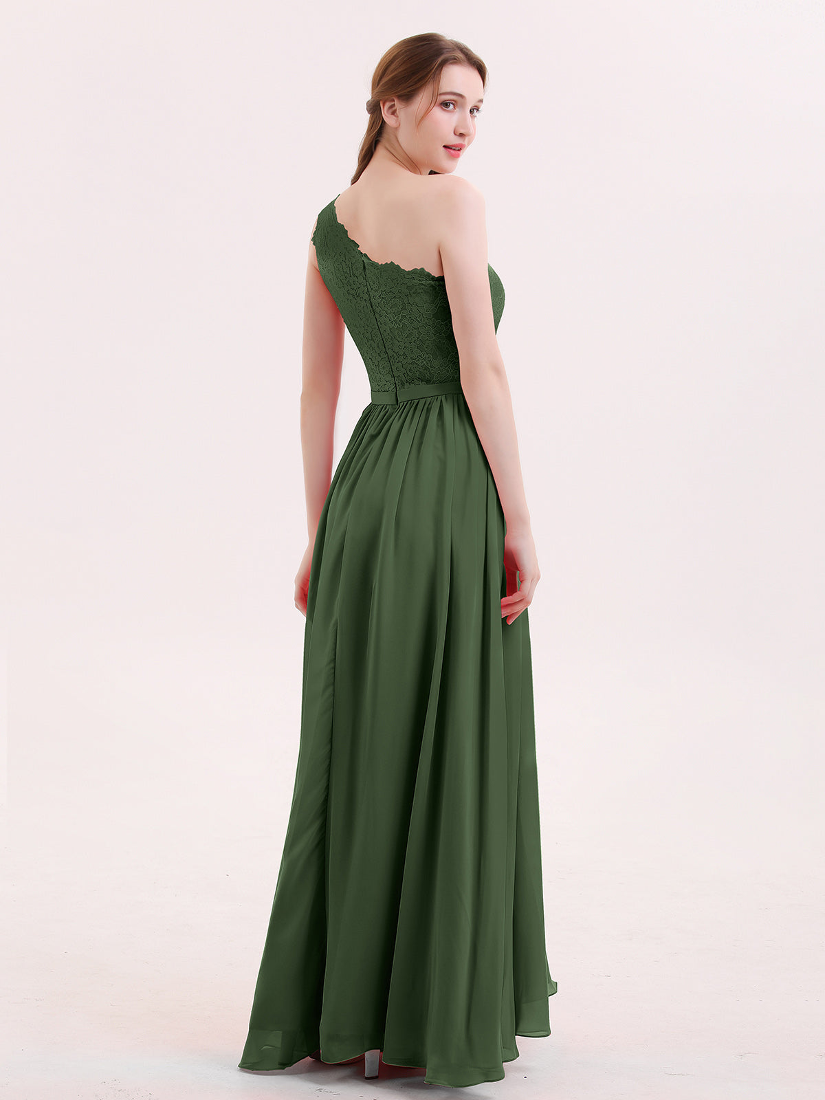 BABARONI Chiffon Olive Green Bridesmaid Dresses One Shoulder Floor