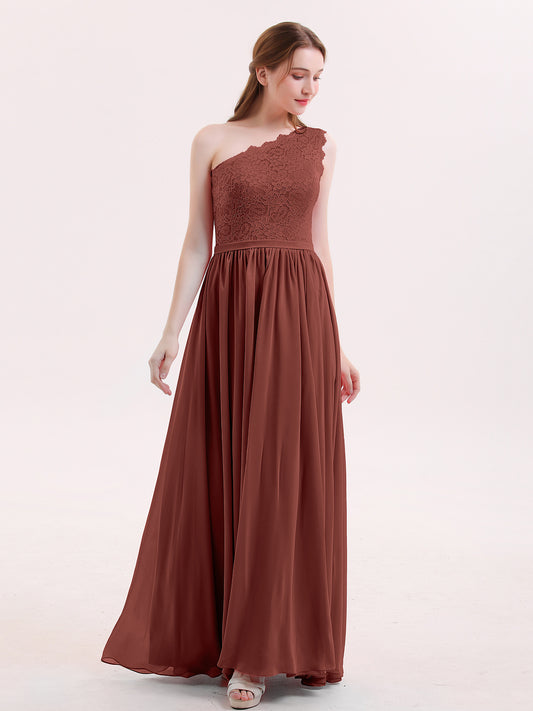 One Shoulder Lace and Chiffon Dresses Terracotta
