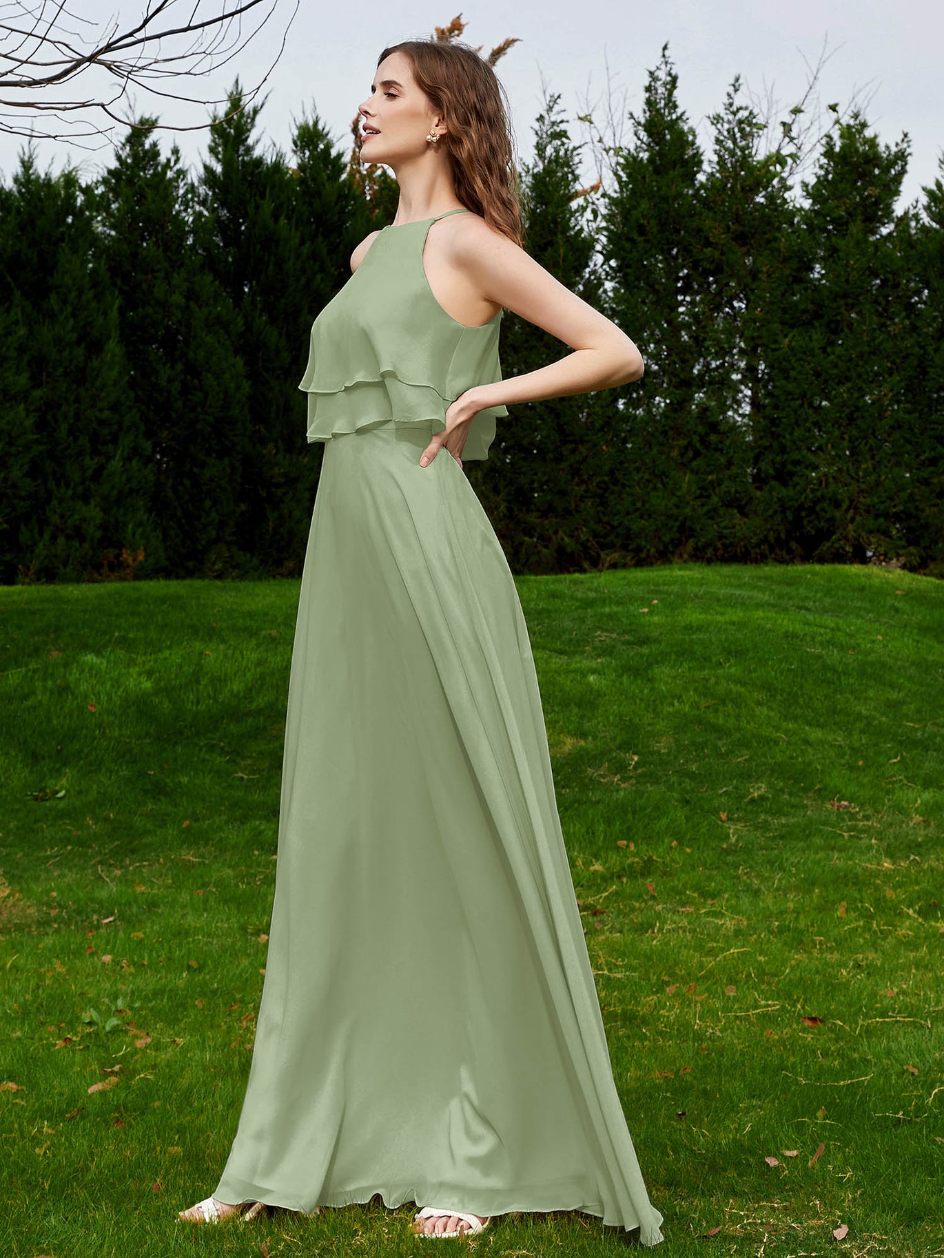 BABARONI Two Layers Ruffles Bodice Chiffon Dresses Dusty Sage, Dusty Sage / US0