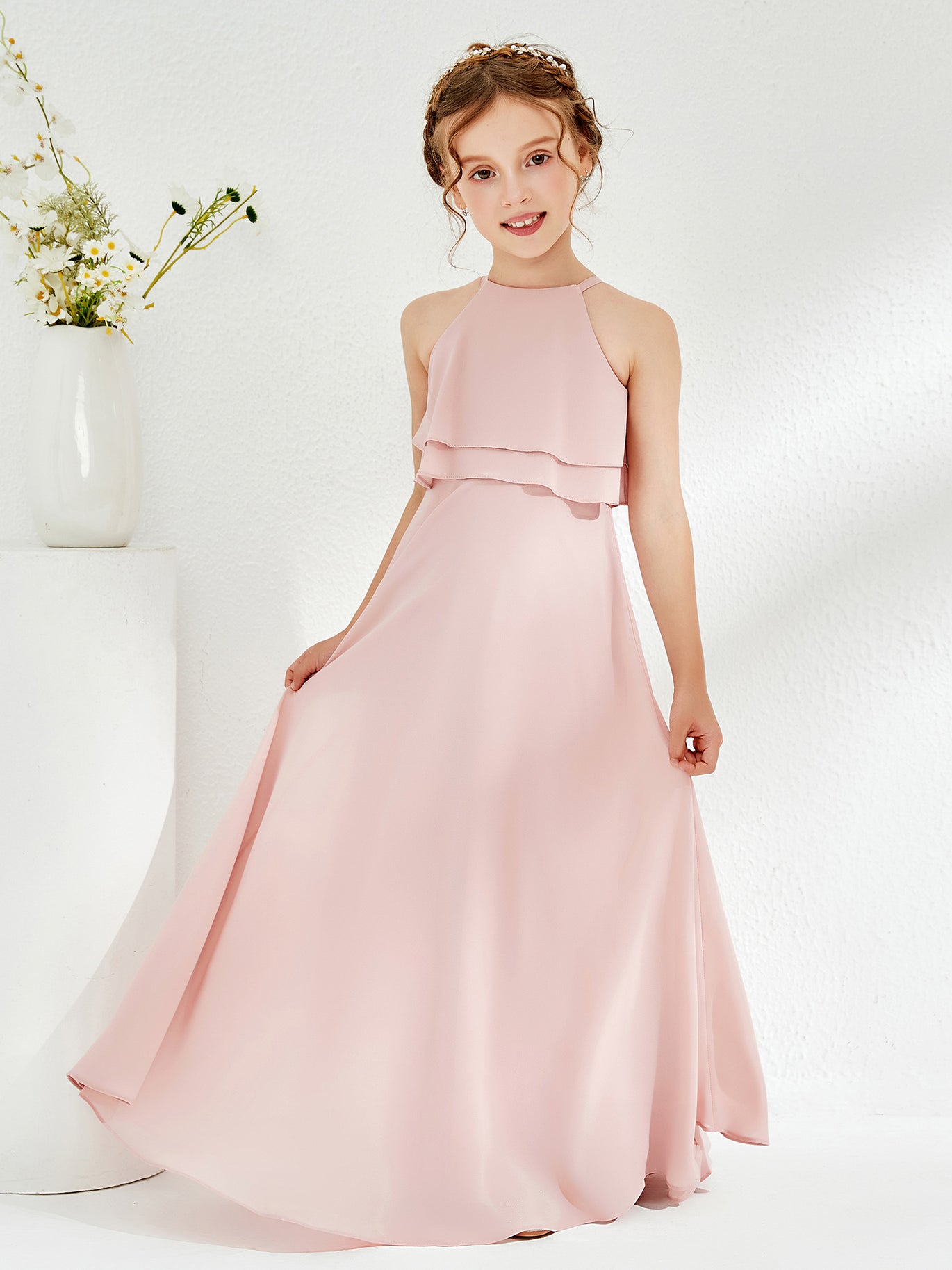 BABARONI Two Layers Ruffles Junior Bridesmaid Dresses Blushing Pink, Blushing Pink / J4 BABARONI Two Layers Ruffles Junior Bridesmaid Dresses Blushing Pink, Blushing Pink / J4