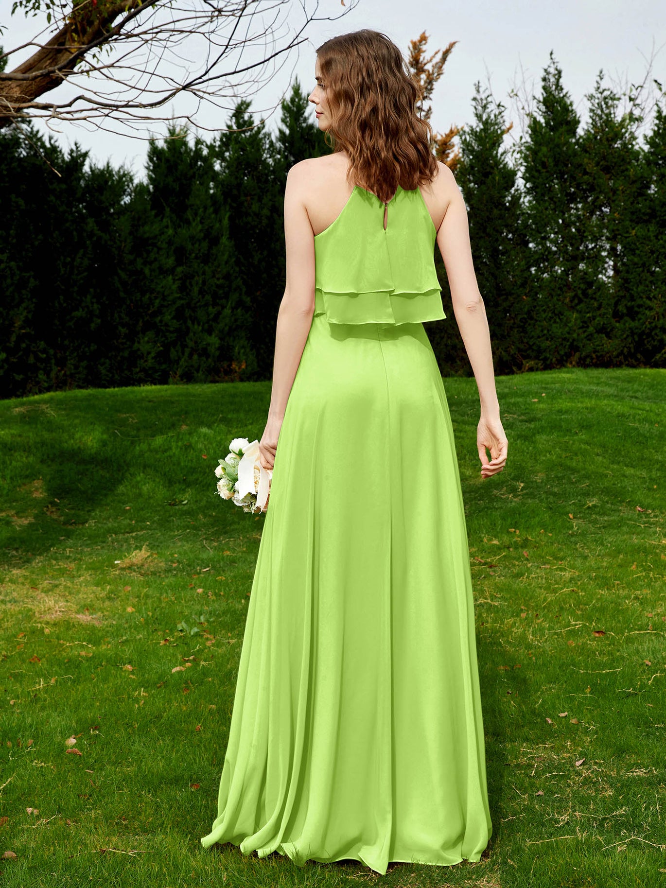 BABARONI Chiffon Lime Green Bridesmaid Dresses Halter Floor-length Sleeveless Ruffle A-line BABARONI Chiffon Lime Green Bridesmaid Dresses Halter Floor-length Sleeveless Ruffle A-line