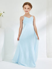 V-neck Spaghetti Straps Floor-length Junior Bridesmaid Dresses Sky Blue
